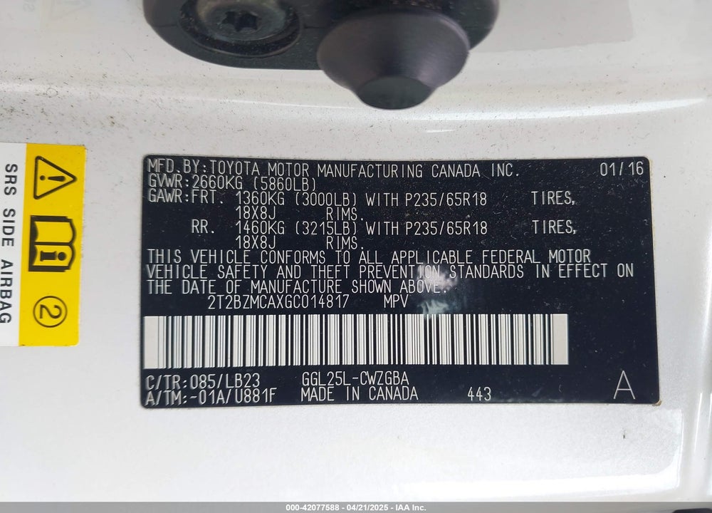 2016 LEXUS RX 350 VIN: 2T2BZMCAXGC014817