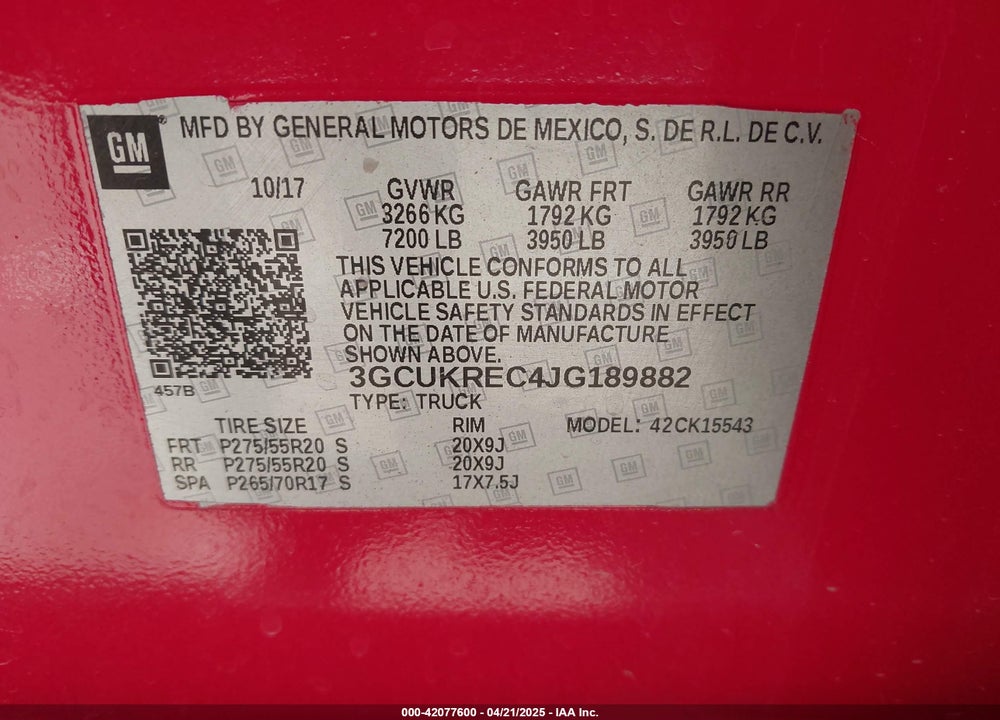 2018 CHEVROLET SILVERADO 1500 2LT VIN: 3GCUKREC4JG189882
