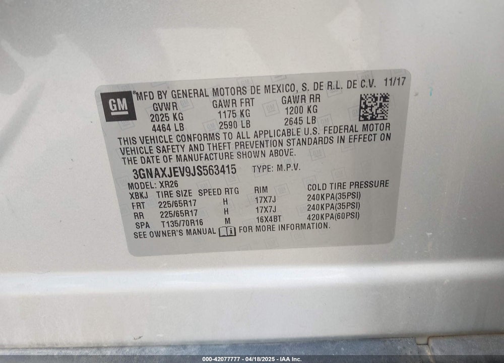 2018 CHEVROLET EQUINOX VIN: 3GNAXJEV9JS563415