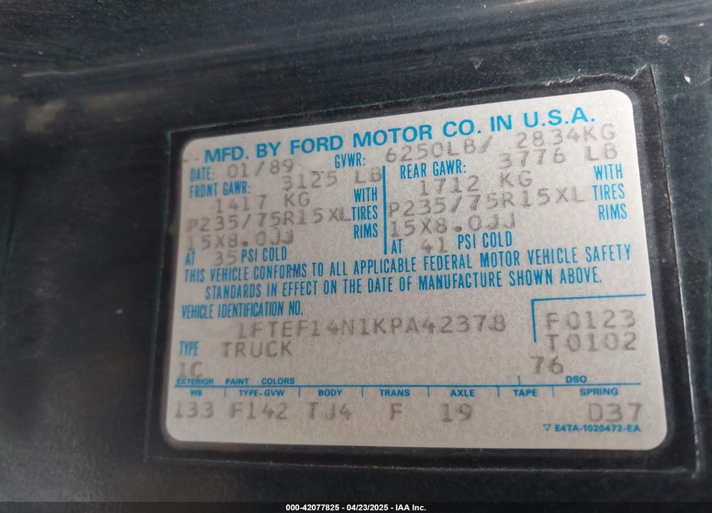 1989 FORD F150 VIN: 1FTEF14N1KPA42378