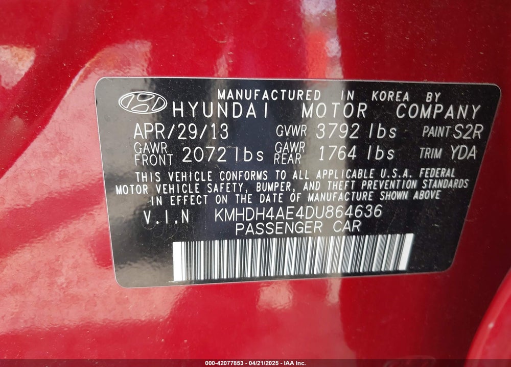 2013 HYUNDAI ELANTRA VIN: KMHDH4AE4DU864636