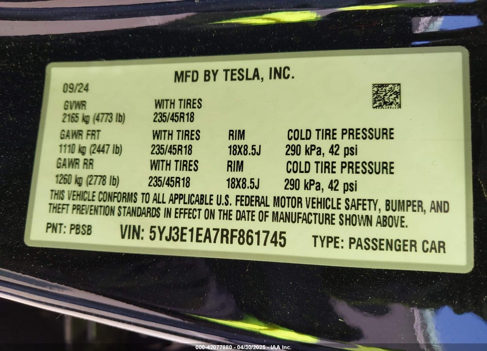 2024 TESLA MODEL 3 VIN: 5YJ3E1EA7RF861745