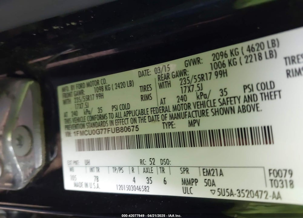 2015 FORD ESCAPE SE VIN: 1FMCU0G77FUB80675
