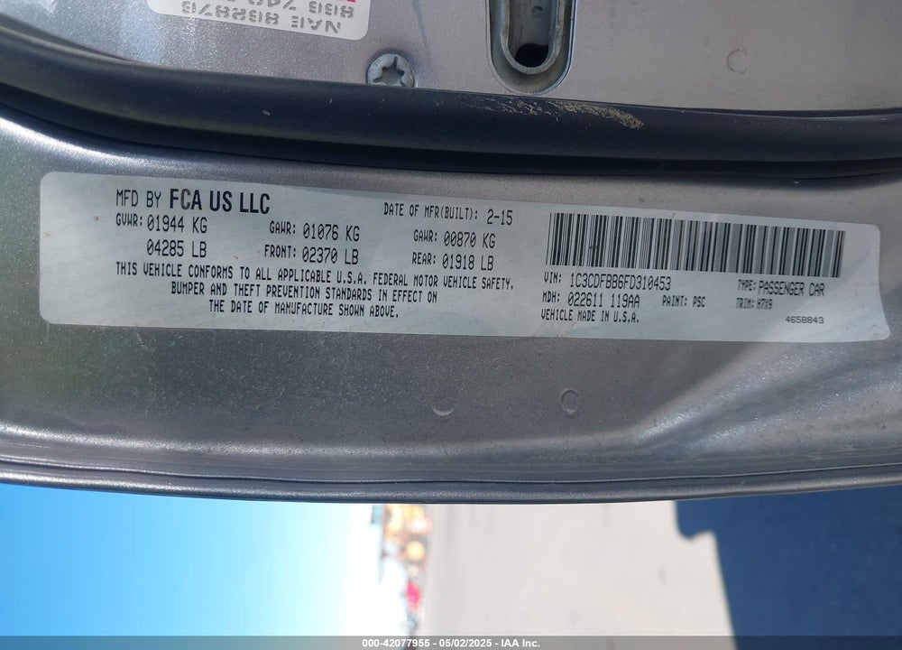 2015 DODGE DART VIN: 1C3CDFBB6FD310453