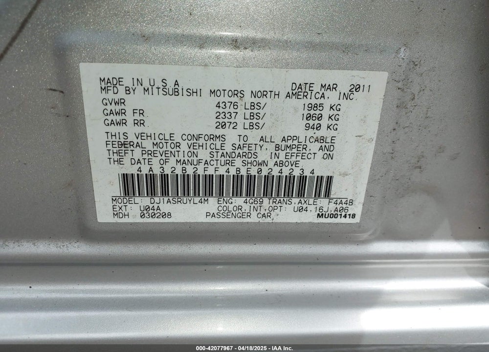 2011 MITSUBISHI GALANT VIN: 4A32B2FF4BE024234