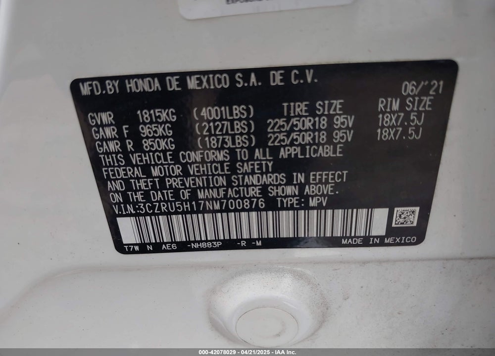 2022 HONDA HR-V VIN: 3CZRU5H17NM700876