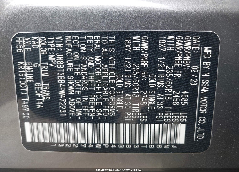2023 NISSAN ROGUE VIN: JN8BT3BB4PW472231