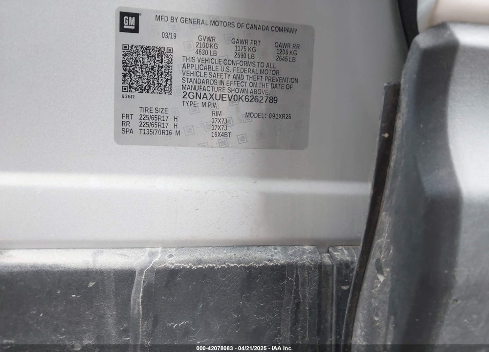 2019 CHEVROLET EQUINOX LT VIN: 2GNAXUEV0K6262789