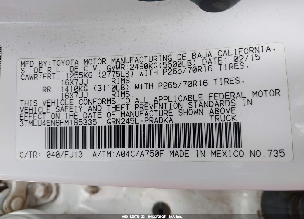 2015 TOYOTA TACOMA BASE V6/TRD PRO VIN: 3TMLU4EN6FM185335