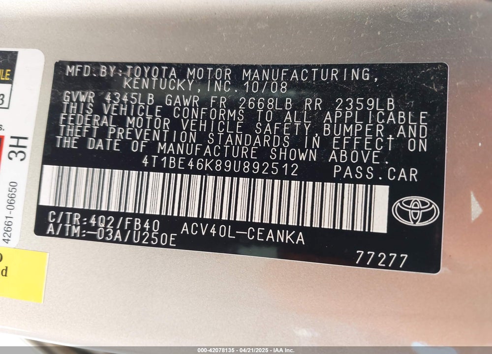2009 TOYOTA CAMRY LE VIN: 4T1BE46K89U892512