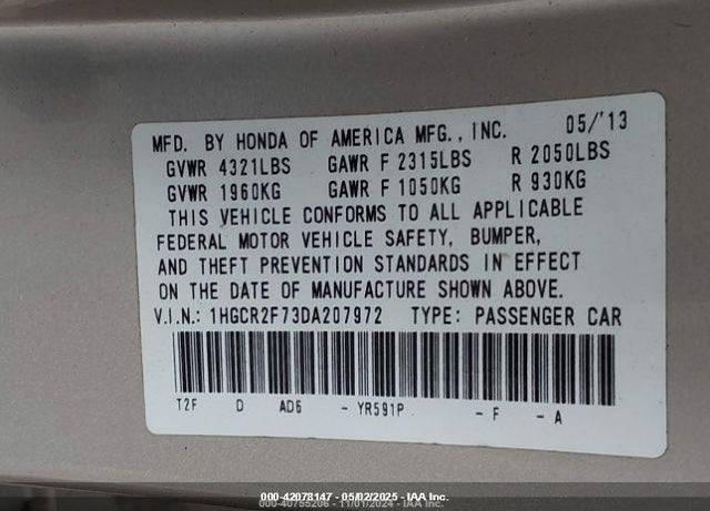 2013 HONDA ACCORD VIN: 1HGCR2F73DA207972