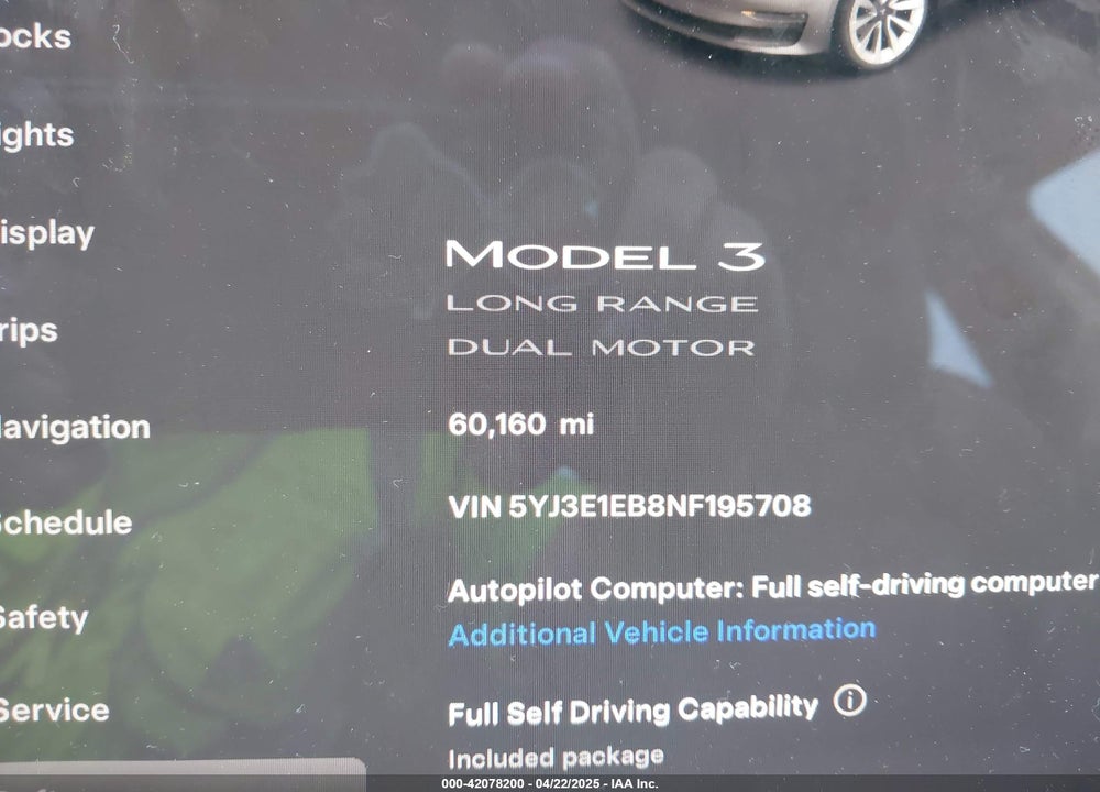 2022 TESLA MODEL 3 LONG RANGE DUAL MOTOR ALL-WHEEL DRIVE VIN: 5YJ3E1EB8NF195708