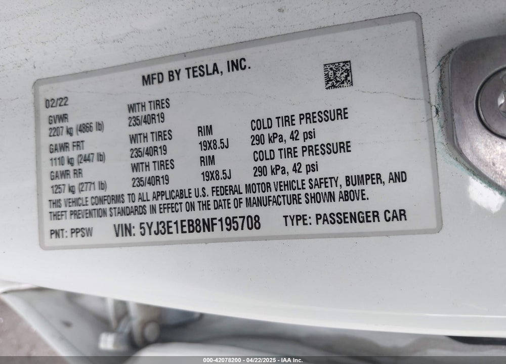 2022 TESLA MODEL 3 LONG RANGE DUAL MOTOR ALL-WHEEL DRIVE VIN: 5YJ3E1EB8NF195708