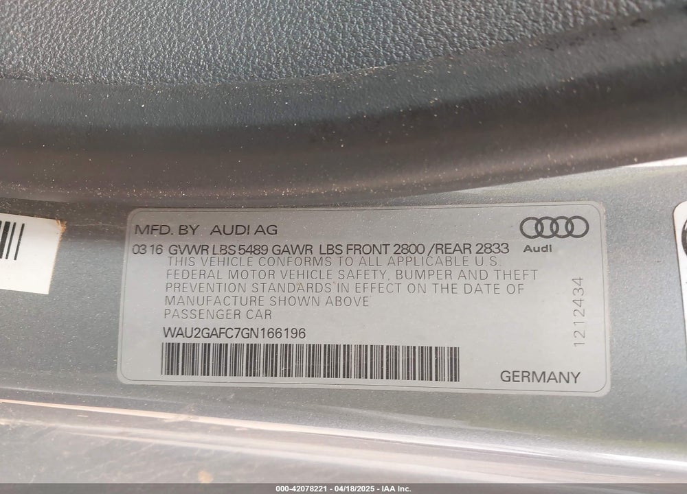 2016 AUDI A7 VIN: WAU2GAFC7GN166196