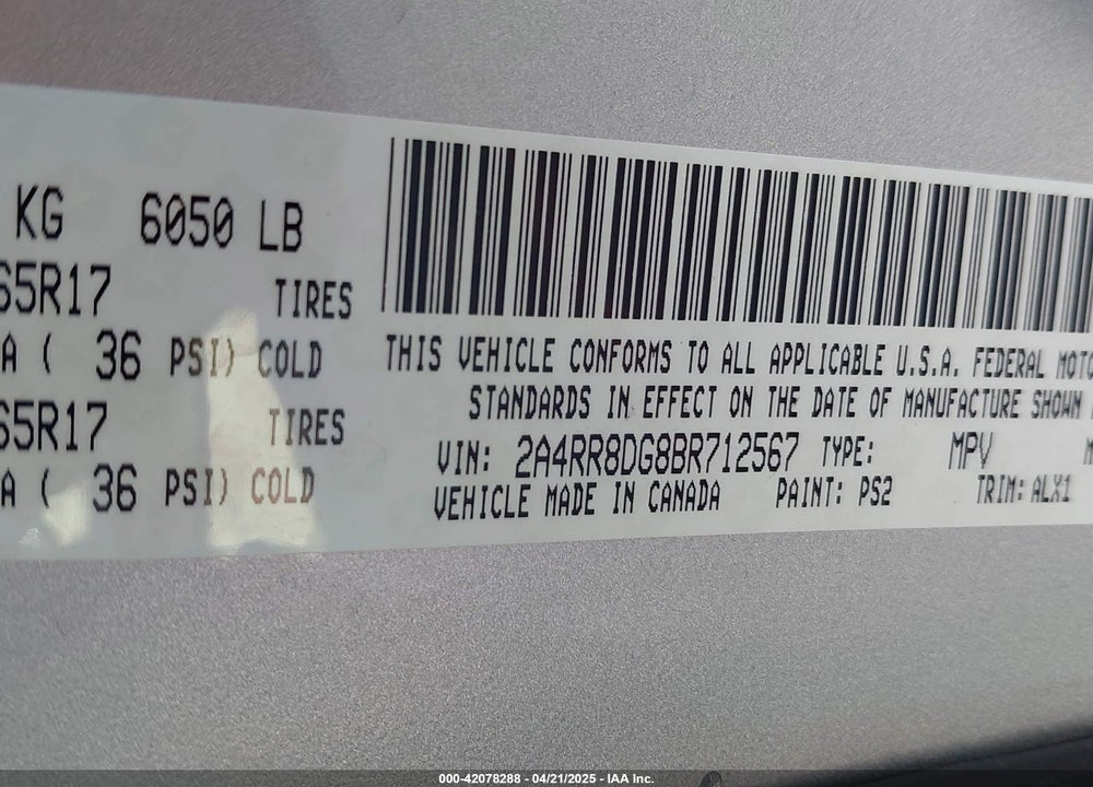 2011 CHRYSLER TOWN & COUNTRY TOURING-L VIN: 2A4RR8DG8BR712567