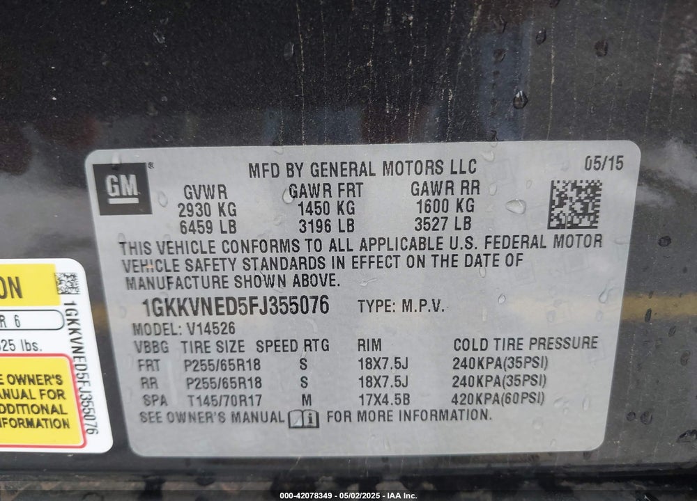 2015 GMC ACADIA VIN: 1GKKVNED5FJ355076