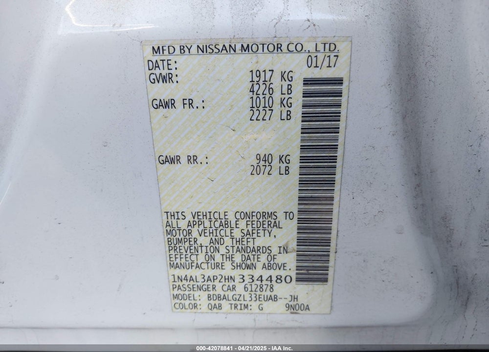 2017 NISSAN ALTIMA VIN: 1N4AL3AP2HN334480
