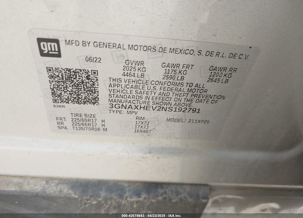 2022 CHEVROLET EQUINOX VIN: 3GNAXHEV2NS192791
