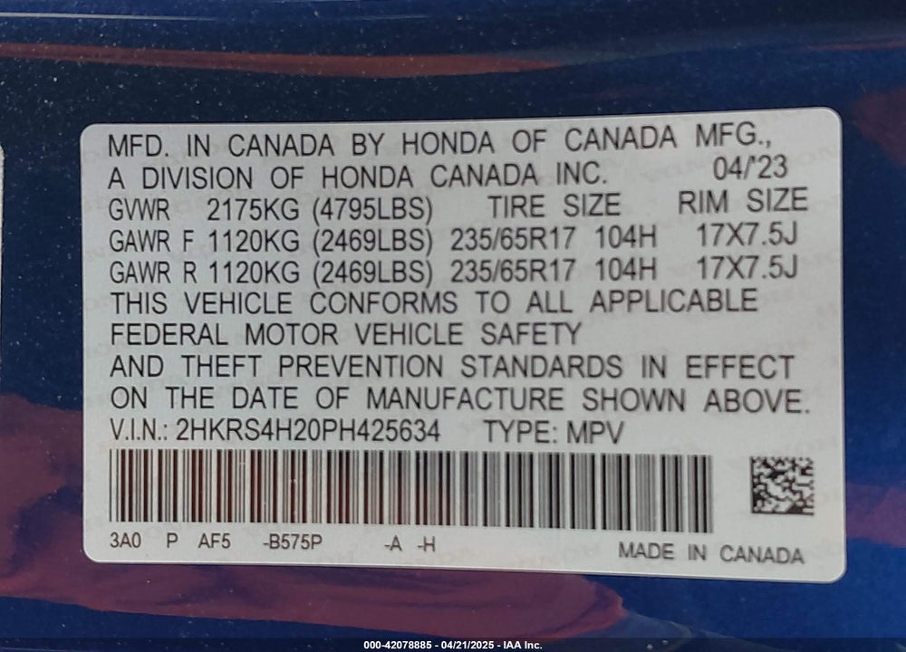 2023 HONDA CR-V LX AWD VIN: 2HKRS4H20PH425634