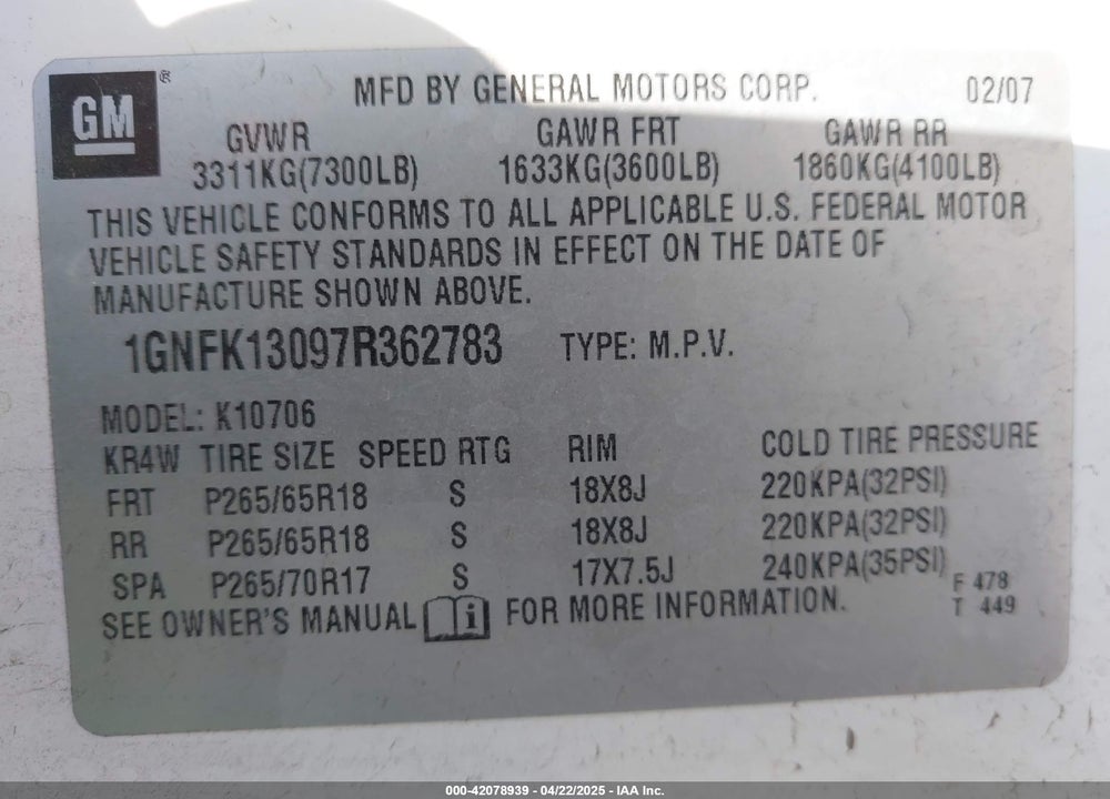 2007 CHEVROLET TAHOE LT VIN: 1GNFK13097R362783