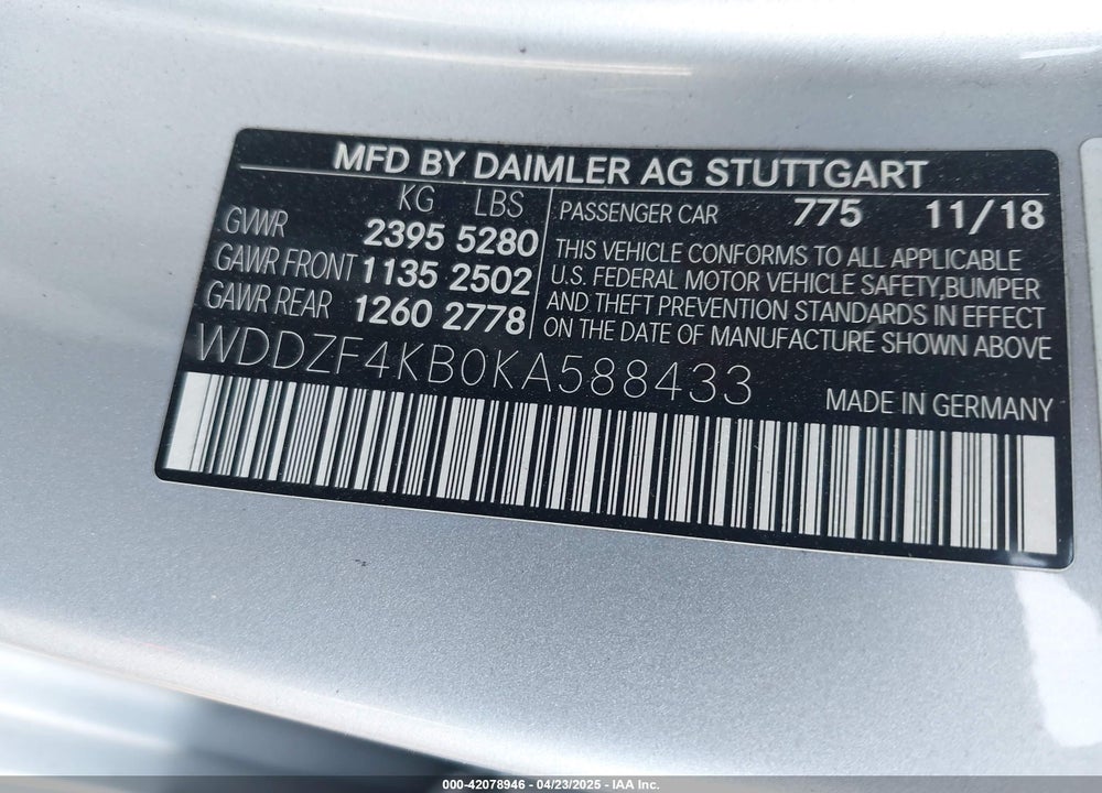 2019 MERCEDES-BENZ E-CLASS VIN: WDDZF4KB0KA588433