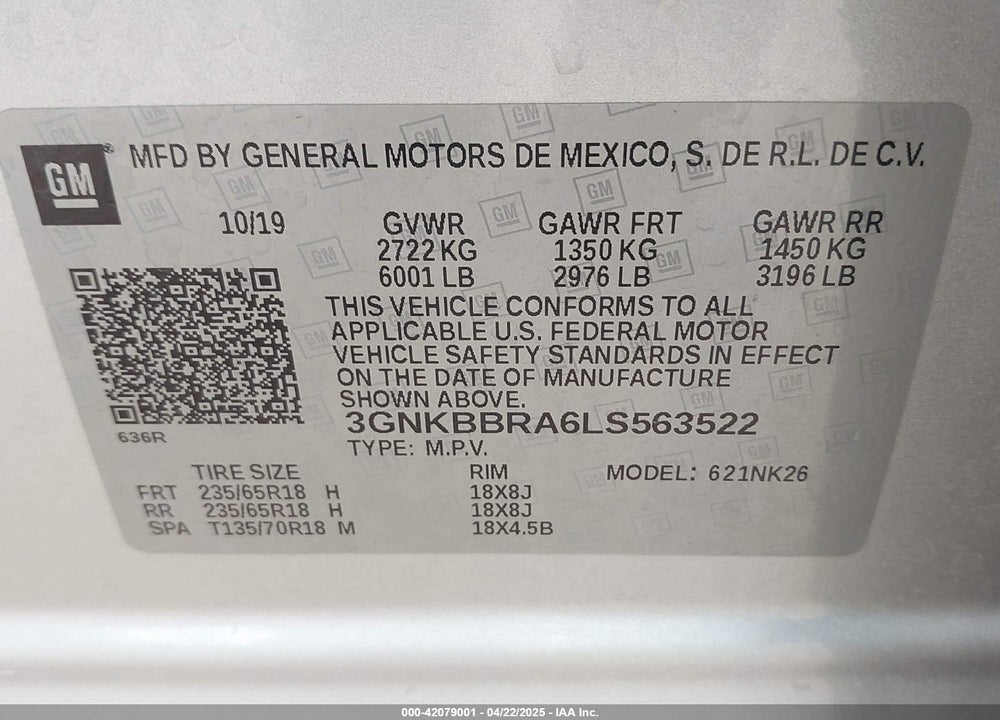 2020 CHEVROLET BLAZER VIN: 3GNKBBRA6LS563522