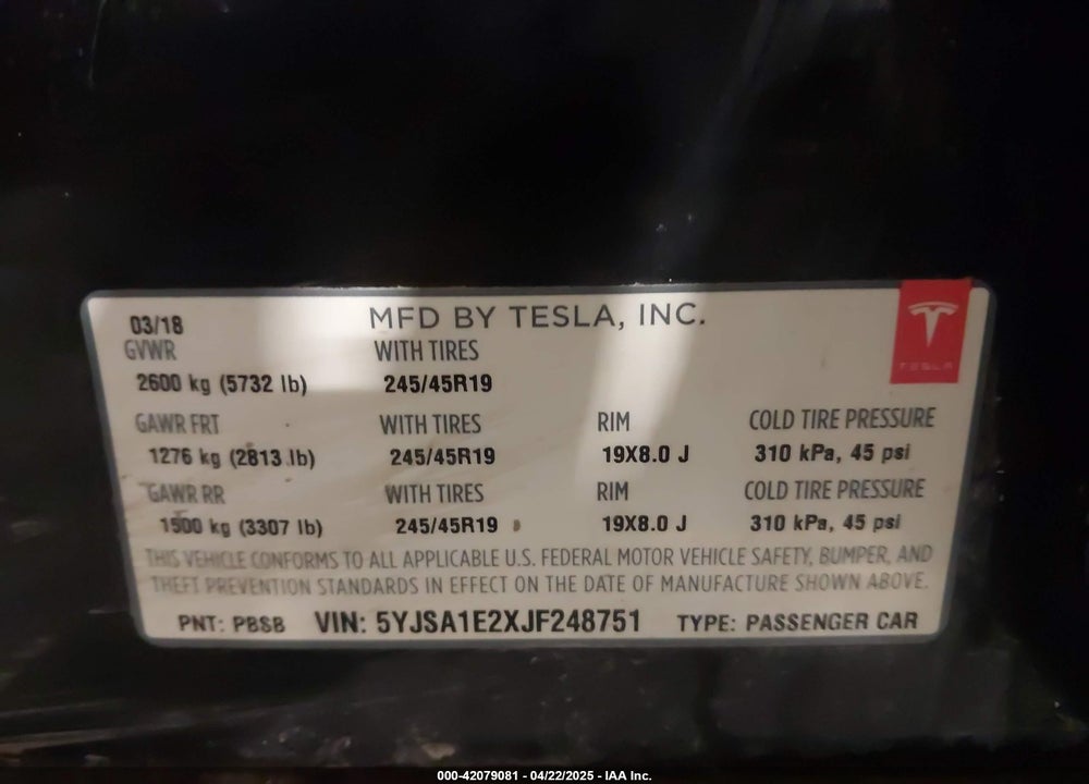 2018 TESLA MODEL S 100D/75D/P100D VIN: 5YJSA1E2XJF248751