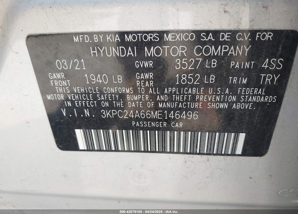 2021 HYUNDAI ACCENT VIN: 3KPC24A66ME146496