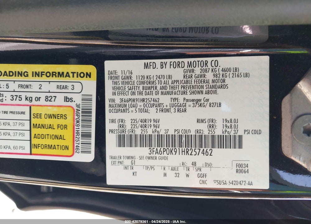 2017 FORD FUSION VIN: 3FA6P0K91HR257462