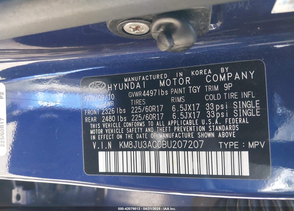 2011 HYUNDAI TUCSON GLS VIN: KM8JU3AC0BU207207