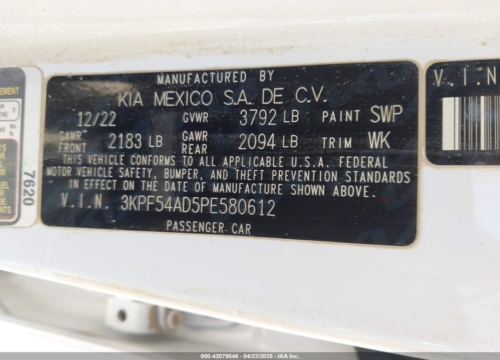 2023 KIA FORTE VIN: 3KPF54AD5PE580612