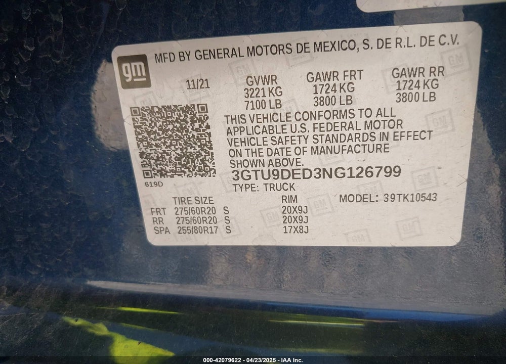 2022 GMC SIERRA 1500 LIMITED 4WD SHORT BOX SLT VIN: 3GTU9DED3NG126799