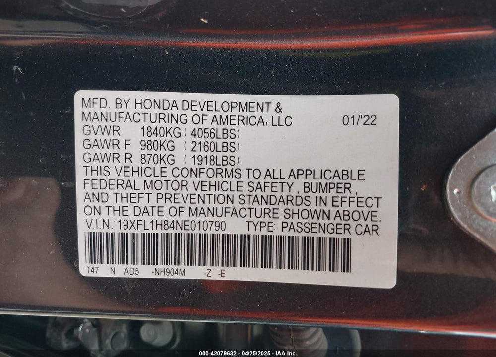 2022 HONDA CIVIC SPORT TOURING VIN: 19XFL1H84NE010790