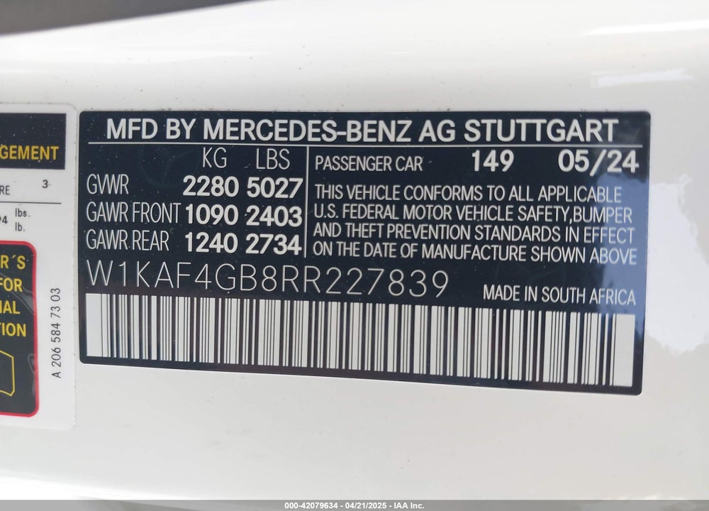 2024 MERCEDES-BENZ C 300 VIN: W1KAF4GB8RR227839