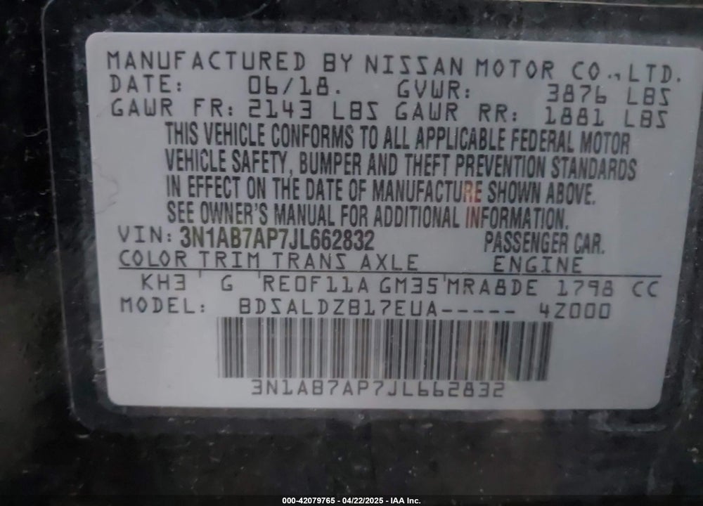 2018 NISSAN SENTRA VIN: 3N1AB7AP7JL662832