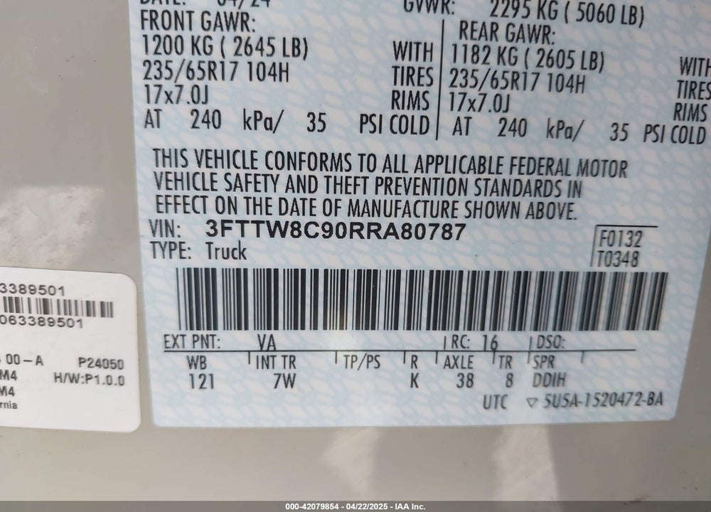 2024 FORD MAVERICK VIN: 3FTTW8C90RRA80787