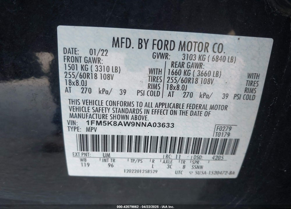 2022 FORD POLICE INTERCEPTOR SEDAN VIN: 1FM5K8AW9NNA03633