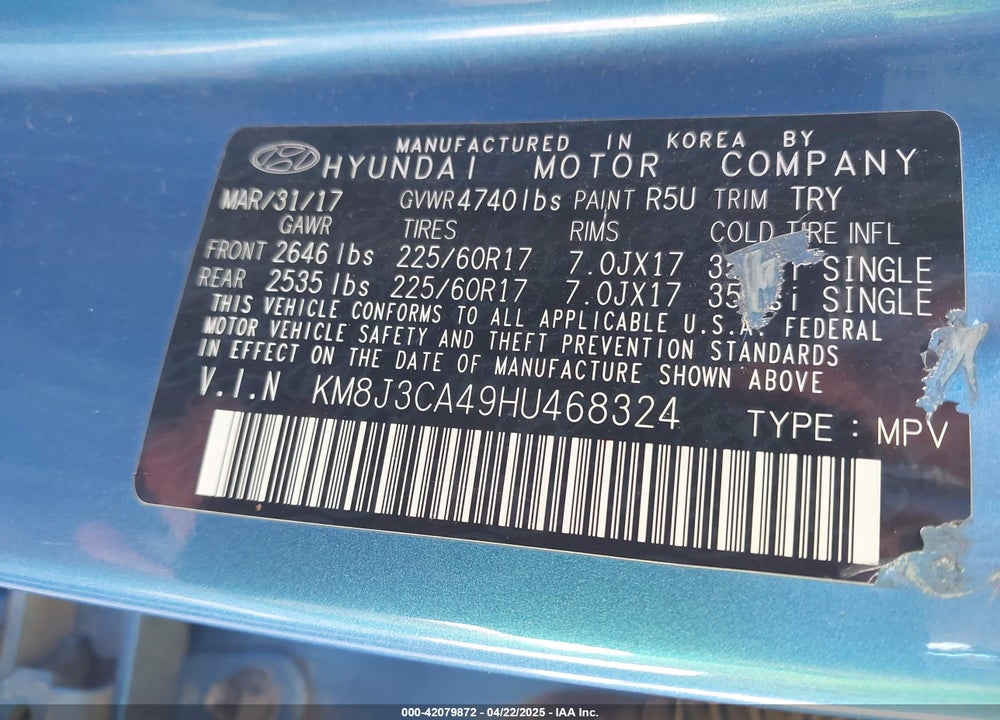 2017 HYUNDAI TUCSON VIN: KM8J3CA49HU468324