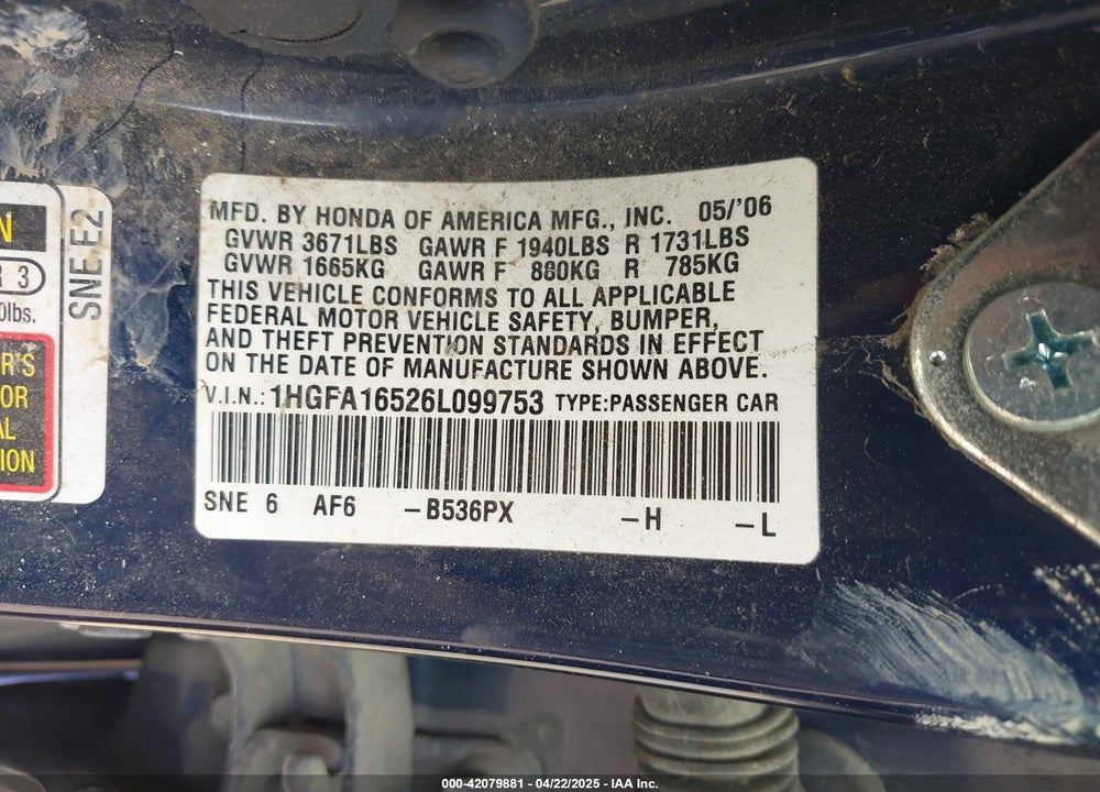 2006 HONDA CIVIC LX VIN: 1HGFA16526L099753