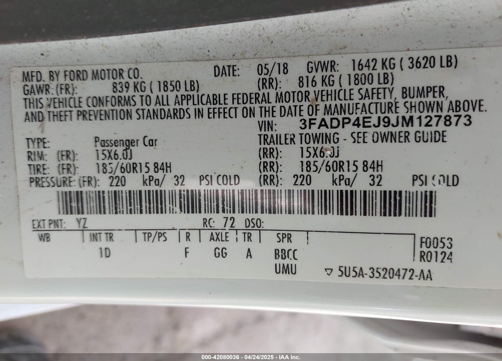 2018 FORD FIESTA SE VIN: 3FADP4EJ9JM127873