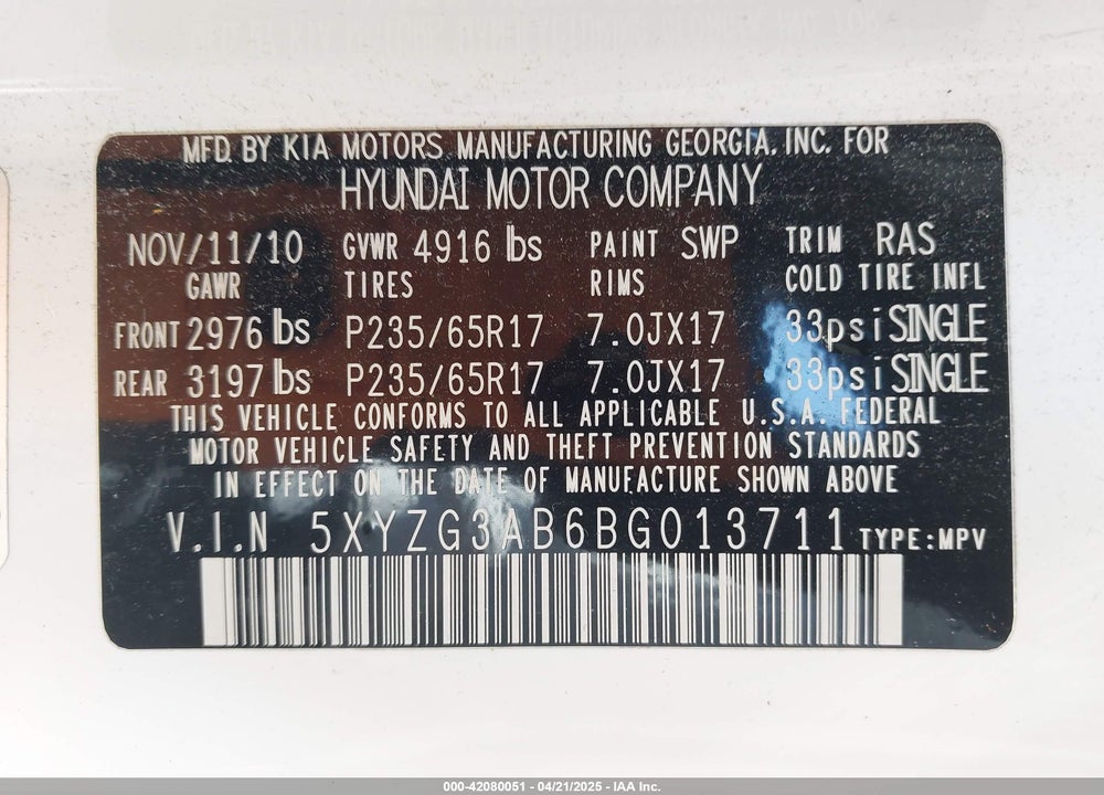 2011 HYUNDAI SANTA FE GLS VIN: 5XYZG3AB6BG013711
