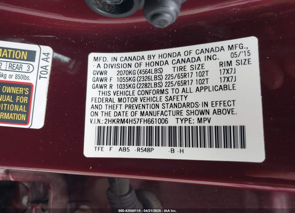 2015 HONDA CR-V EX VIN: 2HKRM4H57FH661006