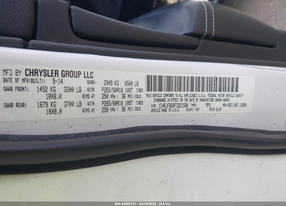 2015 JEEP GRAND CHEROKEE VIN: 1C4RJFBG8FC651580