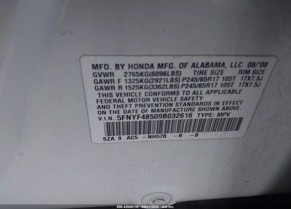 2009 HONDA PILOT EX-L VIN: 5FNYF48509B032616