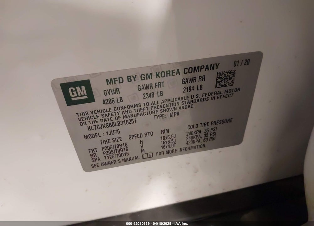 2020 CHEVROLET TRAX VIN: KL7CJKSB0LB318257