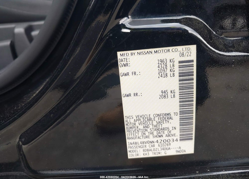 2022 NISSAN ALTIMA S FWD VIN: 1N4BL4BV0NN420034