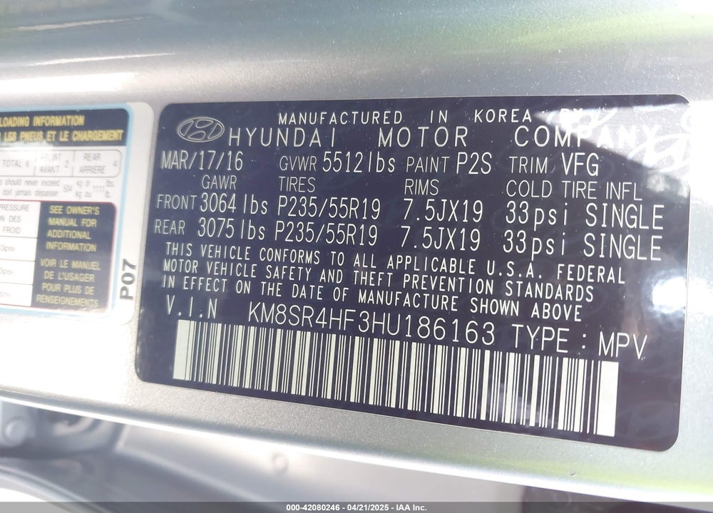 2017 HYUNDAI SANTA FE VIN: KM8SR4HF3HU186163