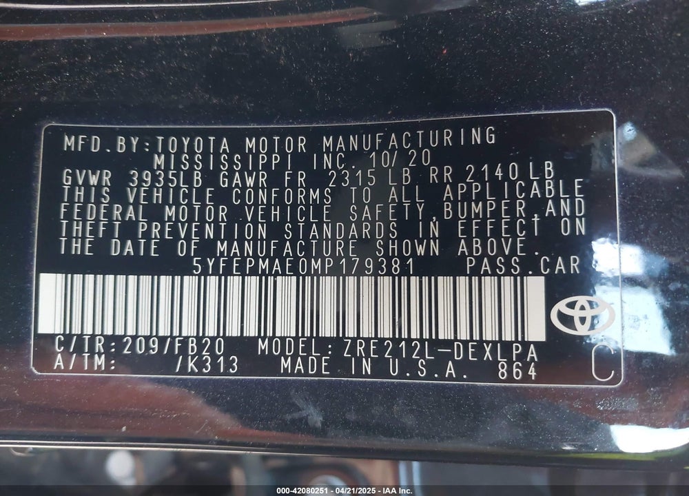 2021 TOYOTA COROLLA LE VIN: 5YFEPMAE0MP179381