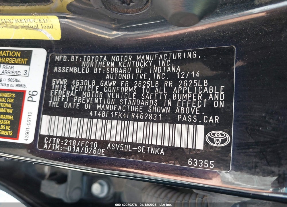 2015 TOYOTA CAMRY LE VIN: 4T4BF1FK4FR462831