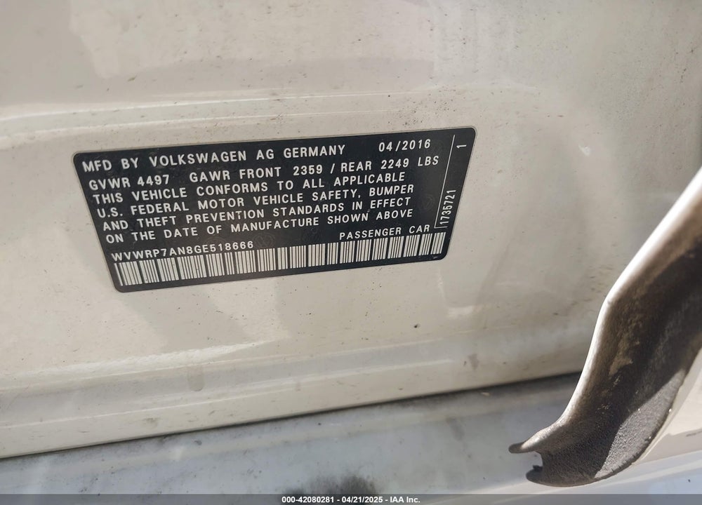 2016 VOLKSWAGEN CC VIN: WVWRP7AN8GE518666